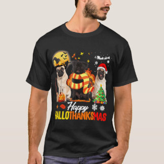 Camiseta Pug Fofo Feliz Hallothanksmas Dia das Bruxas Ação