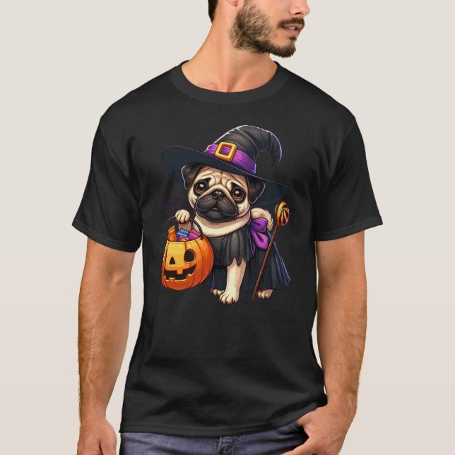 Camiseta Pug Halloween Costume Witches For Lover Dog (Frente)