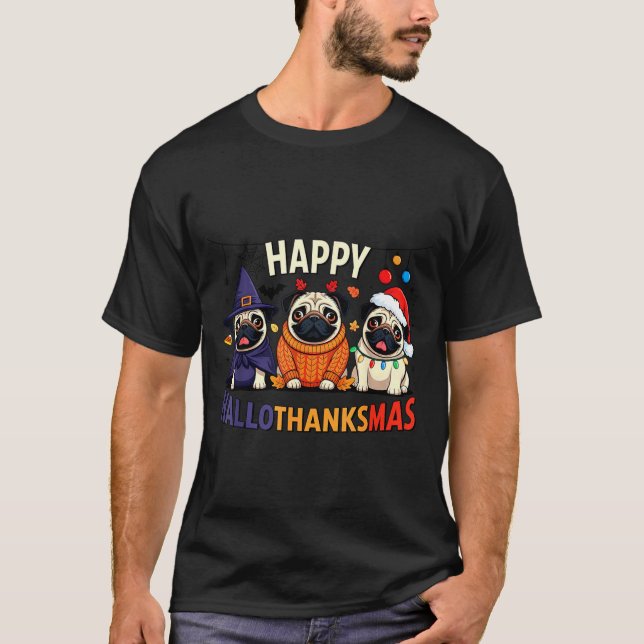 Camiseta Pug Halloween Thanksgiving Christmas Happy Halloth (Frente)