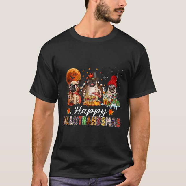Camiseta Pug Halloween Thanksgiving Christmas Happy Halloth (Frente)
