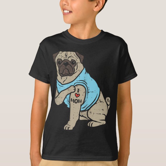 Camiseta Pug I Love Mamãe Fofo Animal Pet Dog Proprietário  (Frente)