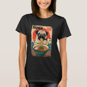 Camiseta Pug Japonês Cachorro Engraçado Comendo Ramen Vinta