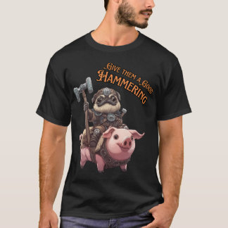 Camiseta Pug Kawaii Fardado Montado em Porco com Martelo de