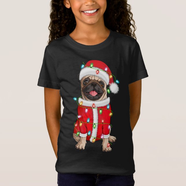 Camiseta Pug Lover Xmas Iluminação Santa Hat Pug Natal (Frente)