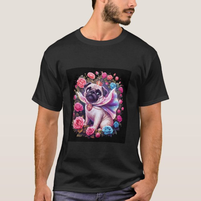 Camiseta Pug magicamente cintilante com rosas (Frente)