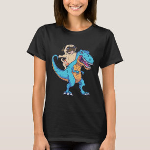 Camiseta Pug Montando T-rex Surfando Dinossauro Amante de C