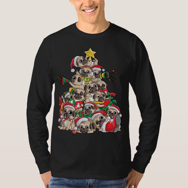 Camiseta Pug natalino Tree Papais noeis de Cachorro Xmas Fe (Frente)