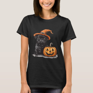 Camiseta Pug Negro Com Chapéu De Bruxa E Pug De Abóbora