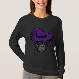 Camiseta Pug Negro com Chapéu de Bruxa Roxo e Amigo de Aran