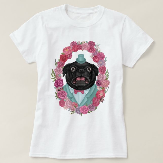 Camiseta Pug Negro Derpy no Chapéu Superior (Frente do Design)
