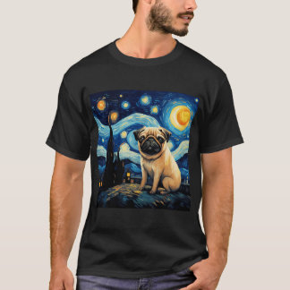 Camiseta Pug Noite Estrelada Inspirado em Van Gogh Pintura