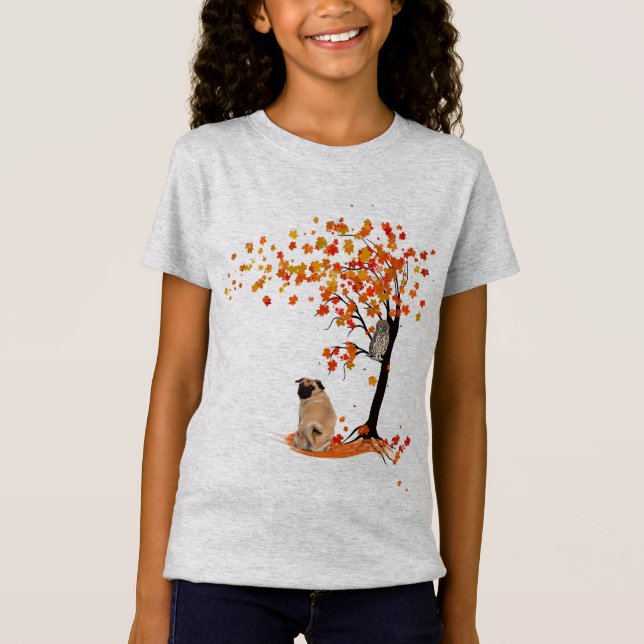 Camiseta Pug Owl E Fall Tree Pug Proprietário Funny Pug Aut (Frente)