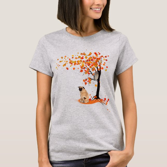 Camiseta Pug Owl E Fall Tree Pug Proprietário Funny Pug Aut (Frente)