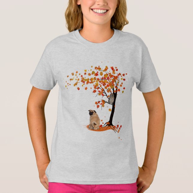 Camiseta Pug Owl E Fall Tree Pug Proprietário Funny Pug Aut (Frente)