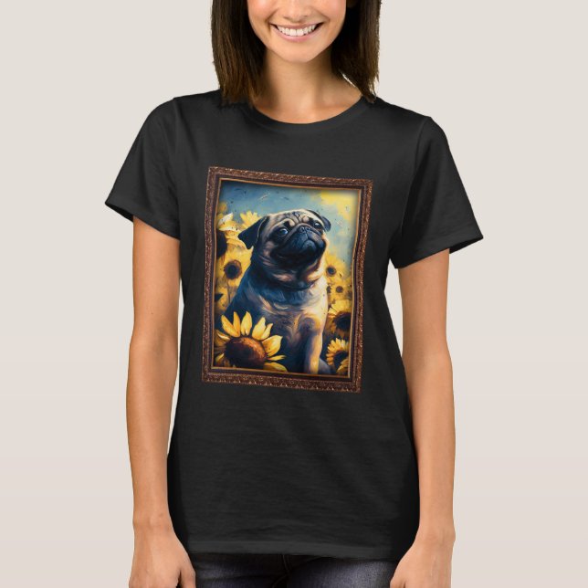 Camiseta Pug Painting Sunflower Flower Mom Women Floral (Frente)