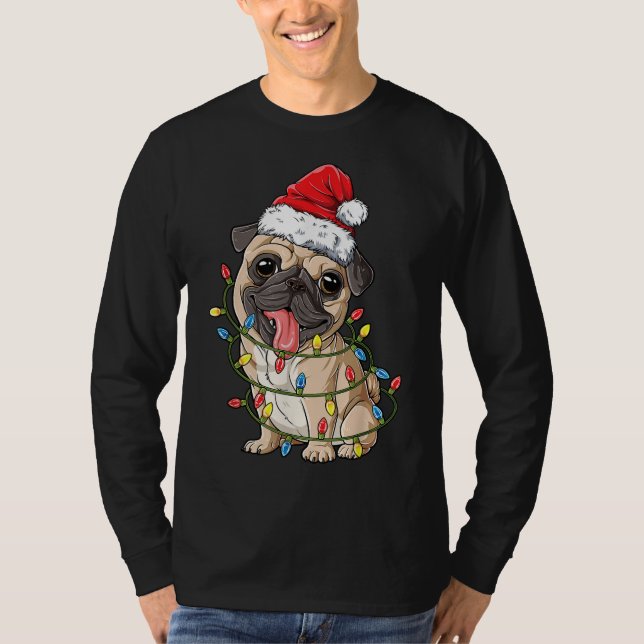 Camiseta Pug Papais noeis Árvore de Natal Luzes Xmas Menino (Frente)