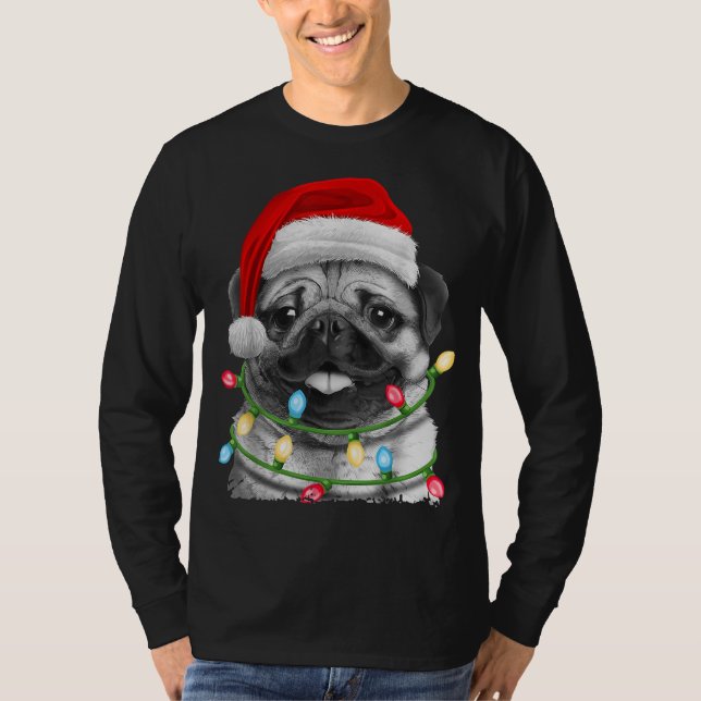 Camiseta Pug Papais noeis Árvore de Natal Luzes Xmas Menino (Frente)
