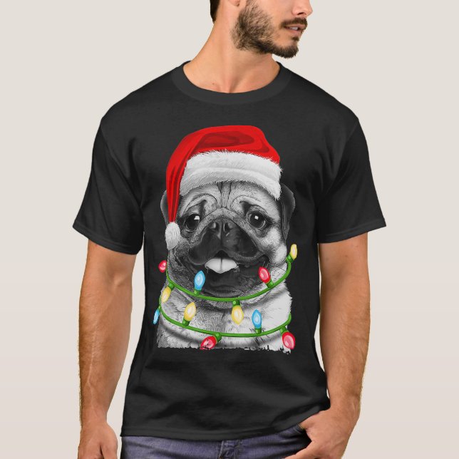 Camiseta Pug Papais noeis Árvore de Natal Luzes Xmas Oferec (Frente)