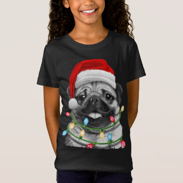Camiseta Pug Papais noeis Árvore de Natal Luzes Xmas Pugmas (Frente)