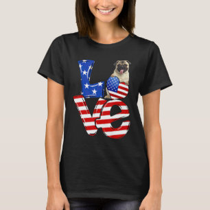 Camiseta Pug Patriótico do Dia 4 de Julho Amor Bandeira Ame