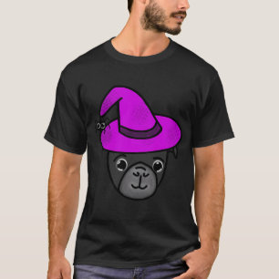 Camiseta Pug Preto com Chapéu de Bruxa Magenta e Amigo Aran
