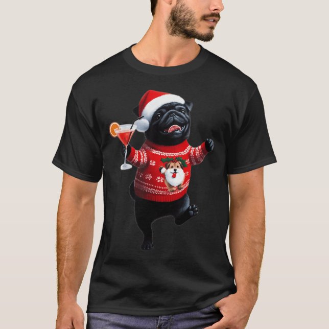 Camiseta Pug preto de Natal dançando com um coquetel (Frente)