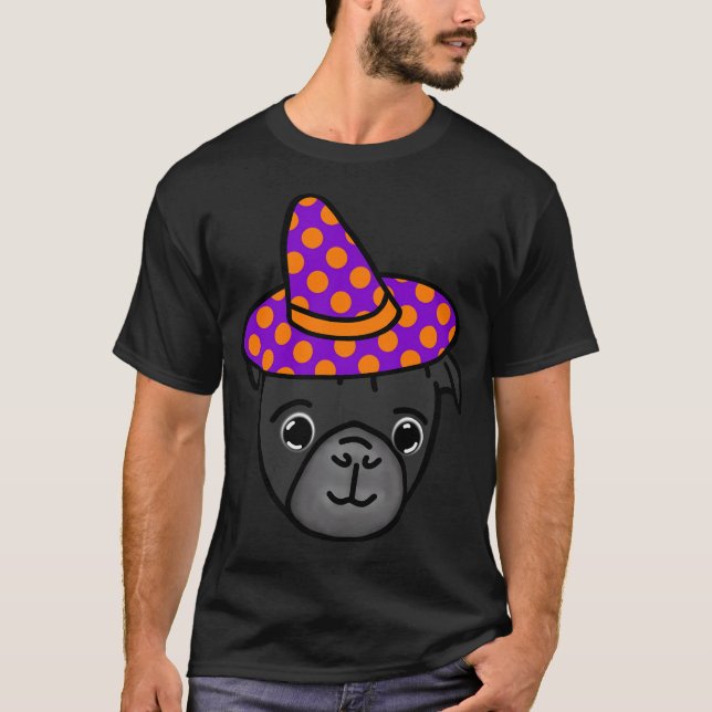 Camiseta Pug preto em chapéu de bruxa com bolinhas (Frente)