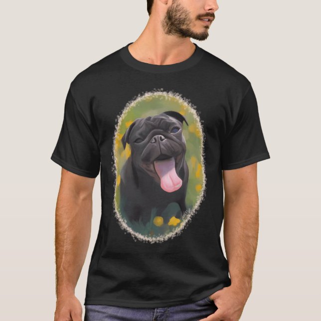 Camiseta Pug Preto em um Prado de Primavera (Frente)