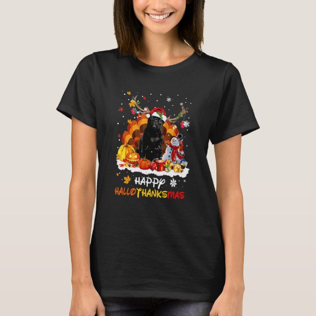 Camiseta Pug Preto Feliz Hallothanksmas (Frente)