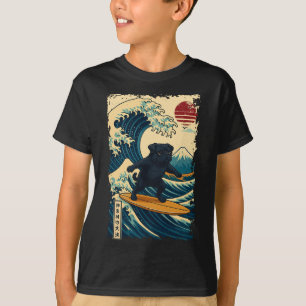 Camiseta Pug Preto Onda Japonesa Kanagawa Surfando Japão Mã