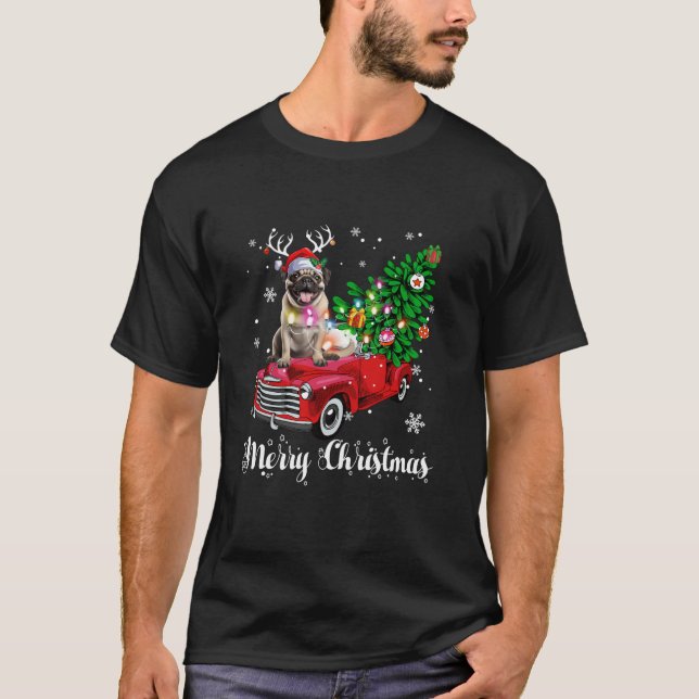 Camiseta Pug Red Truck Christmas Santa Hat Xmas Dog Lover L (Frente)