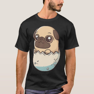 Camiseta pug saindo de um ovo, cachorrinho kawaii chibi com