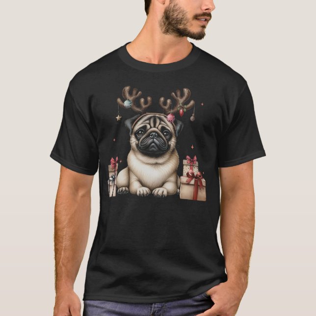 Camiseta Pug Santa Christmas Tree Lights Xmas Boys Men Dogm (Frente)