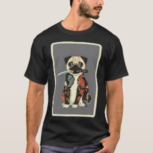 Camiseta Pug Tatuado com Katana Ilustração de Cachorro Samu