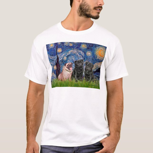 Camiseta Pug Trio (1F,2B) - Noite Estrelada (Frente)