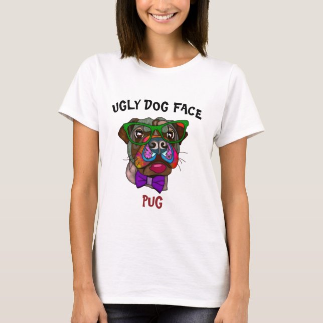 Camiseta Pug único em óculos escuros rosto feio de cão T-Sh (Frente)