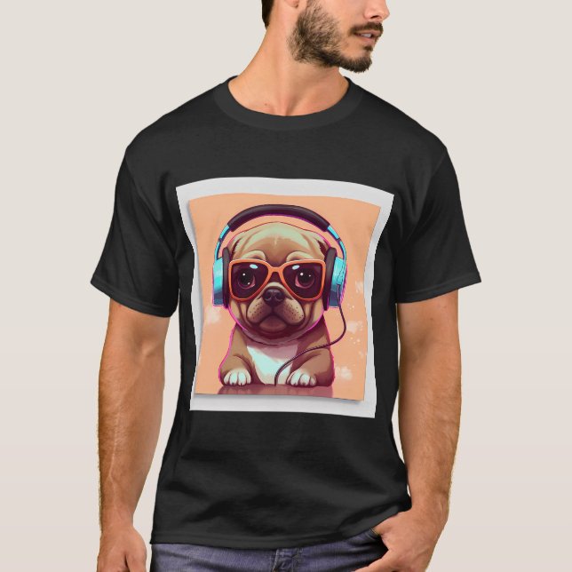 Camiseta Pug Usando Fones de Ouvido 3 (Frente)