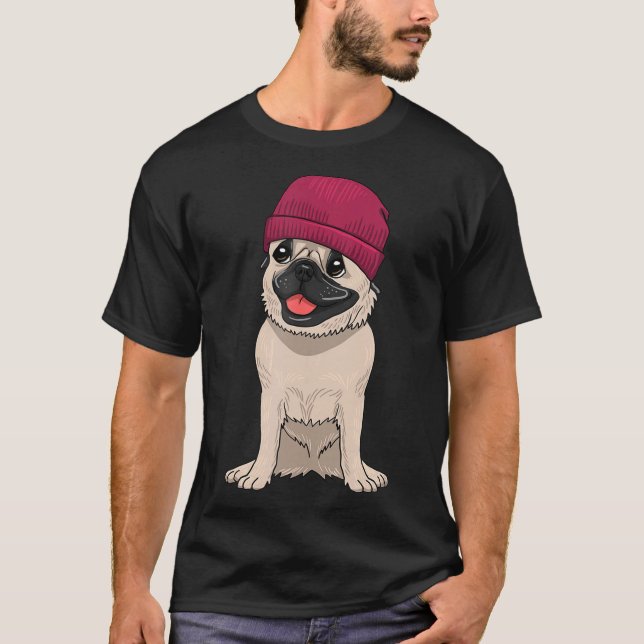 Camiseta Pug Vestindo Beanie Cute Legal Cachorro Knit Het A (Frente)
