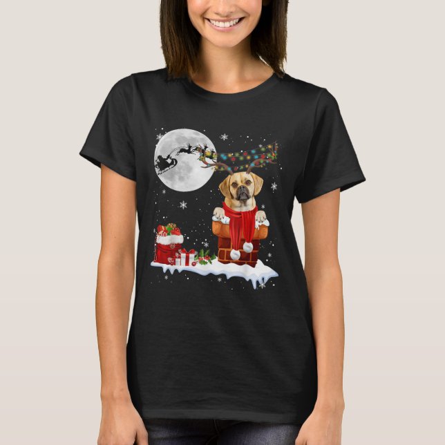 Camiseta Puggle Dog Chimney Ugly Christmas Lights Xmas Paja (Frente)