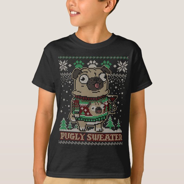 Camiseta Pugly Christmas Sweater Pug Feliz Pugmas Dog Lover (Frente)