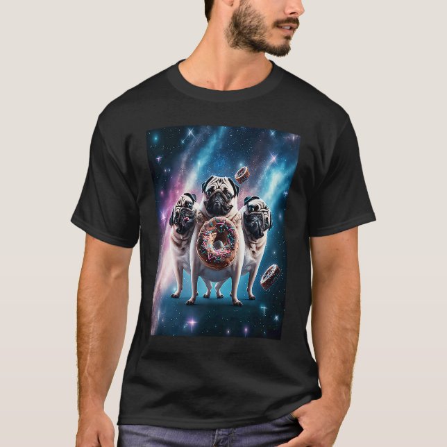 Camiseta Pugs In Space With Donuts Cute Pug Boys Girls Men  (Frente)