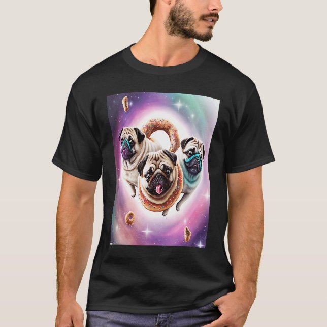 Camiseta Pugs No Espaço Com Donuts Lindos Rapazes Raparigas (Frente)