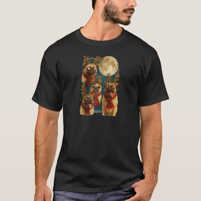 Camiseta Pugs Rena Animados Meme Lua Cheia Natal Raglan (Frente)