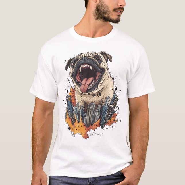 Camiseta Pugzilla Attacks � Funny Monster Dog (Frente)