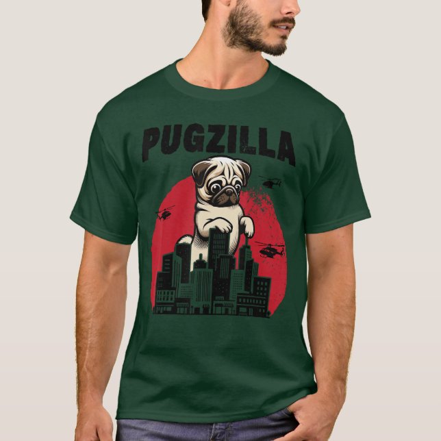 Camiseta Pugzilla Funny Giant Pug Puppy in Classic Horror J (Frente)
