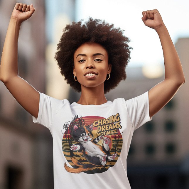 Camiseta Pulando a Elegância Felina Buscando sonhos e não r (Criador carregado)