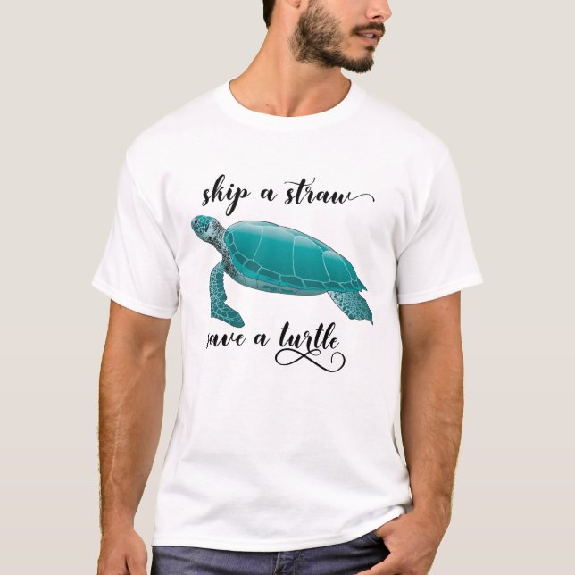Camiseta Pule uma palha Salve uma tartaruga Mar livre de pl (Frente)