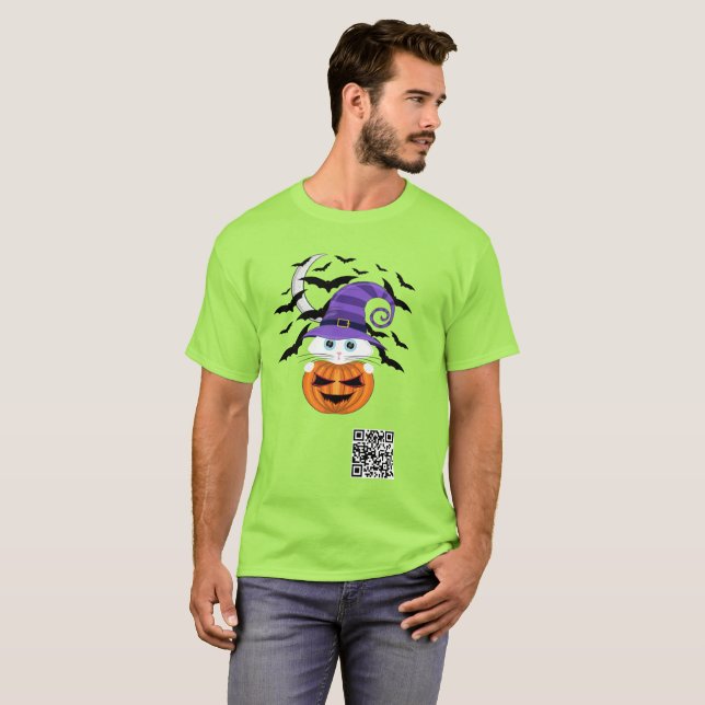 Camiseta Pumpkin assustador com Gatinho branco e chapéu de  (Frente Completa)