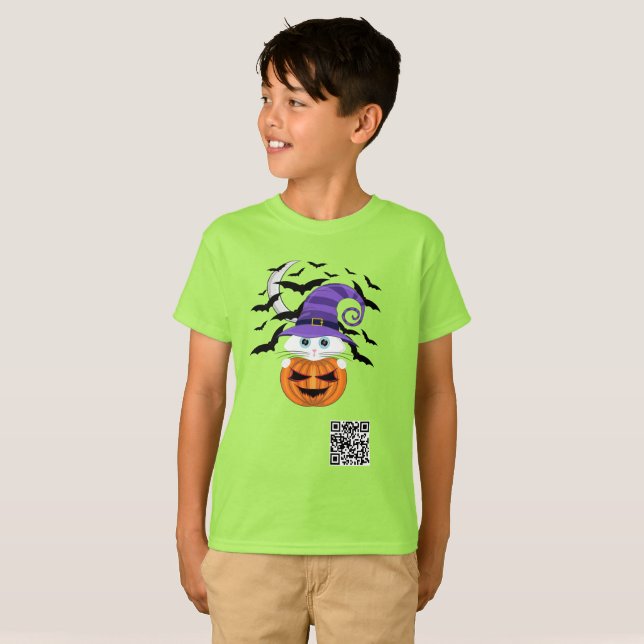 Camiseta Pumpkin assustador com Gatinho branco e chapéu de  (Frente Completa)