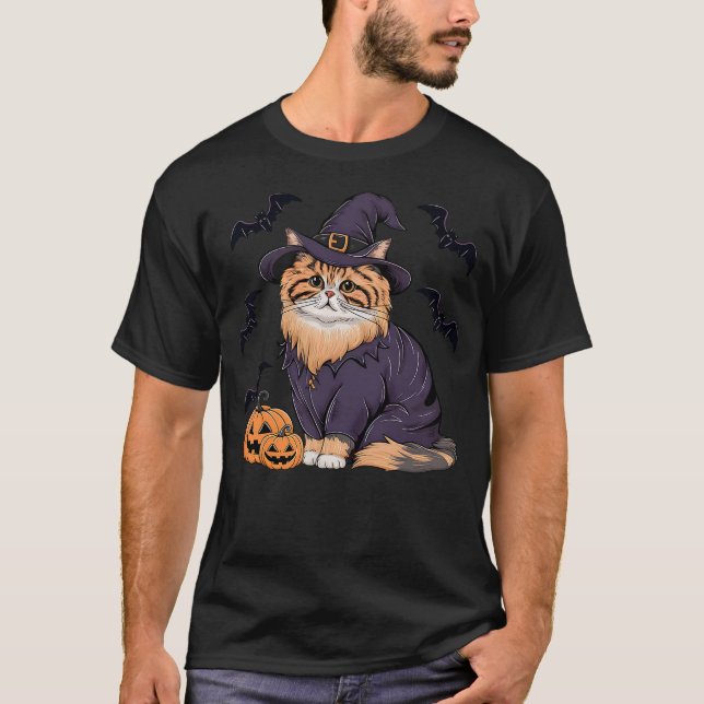 Camiseta Pumpkin Bat Witch Costume Persian Cat Halloween (Frente)